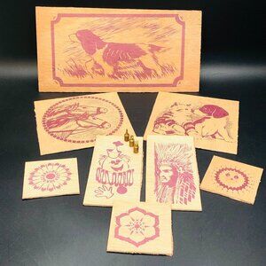 70s Pyrography Set of 8 Unused Canvas Plaque Template and 3 Replacement Tip Tool